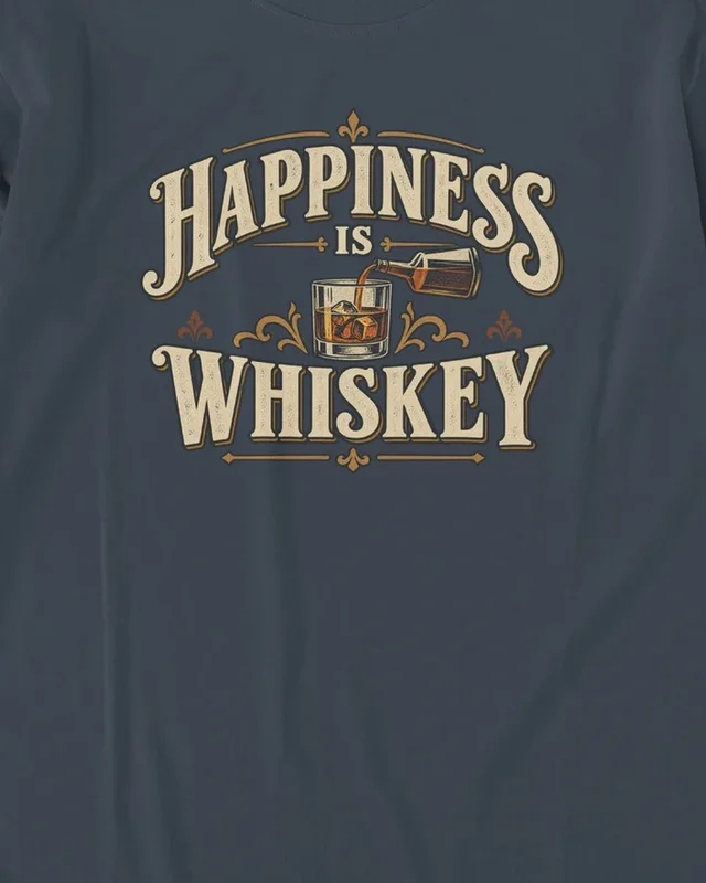 Happiness Is Whiskey Long-Sleeve T-Shirt in Navy Blue — design detail