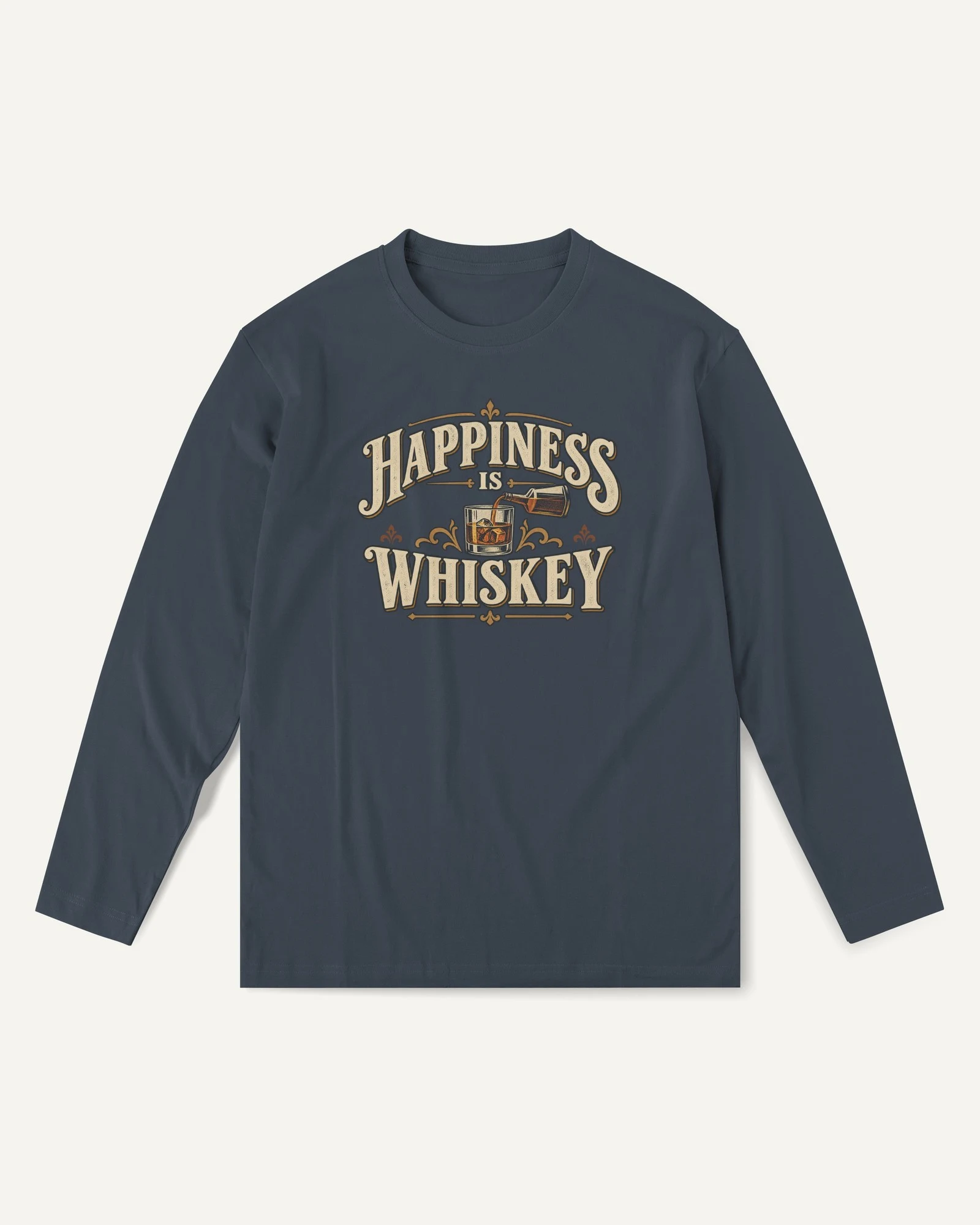 Happiness Is Whiskey Long-Sleeve T-Shirt in Navy Blue — front Happiness Is Whiskey Long-Sleeve T-Shirt in Navy Blue — front