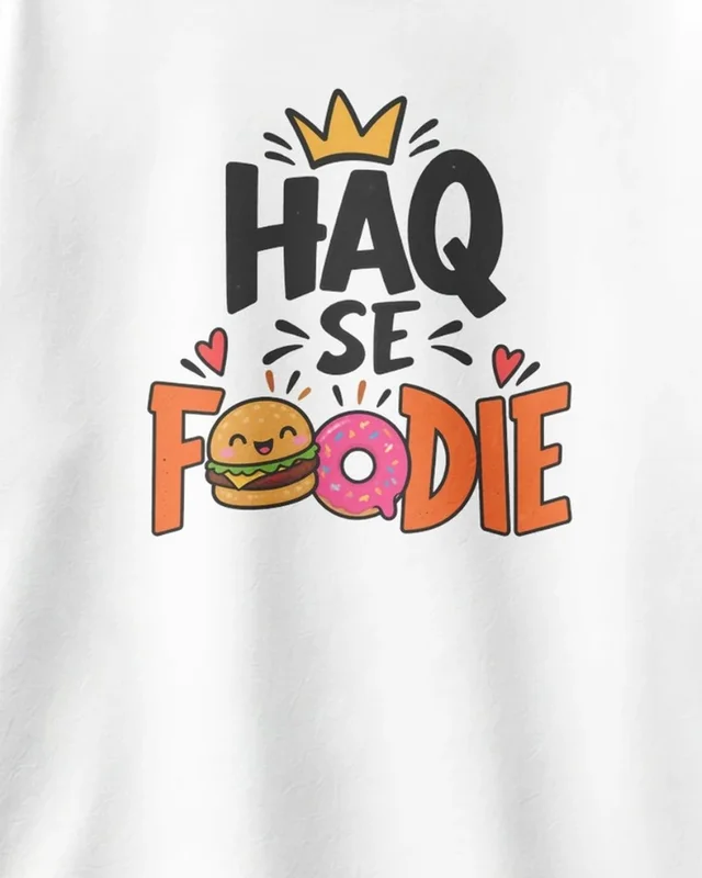 Haq Se Foodie Oversized T-Shirt in White — design detail