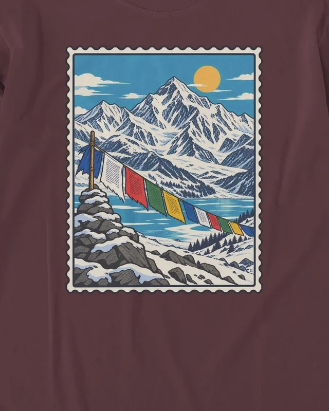 Himalayan Mountains Long-Sleeve T-Shirt in Maroon — design detail