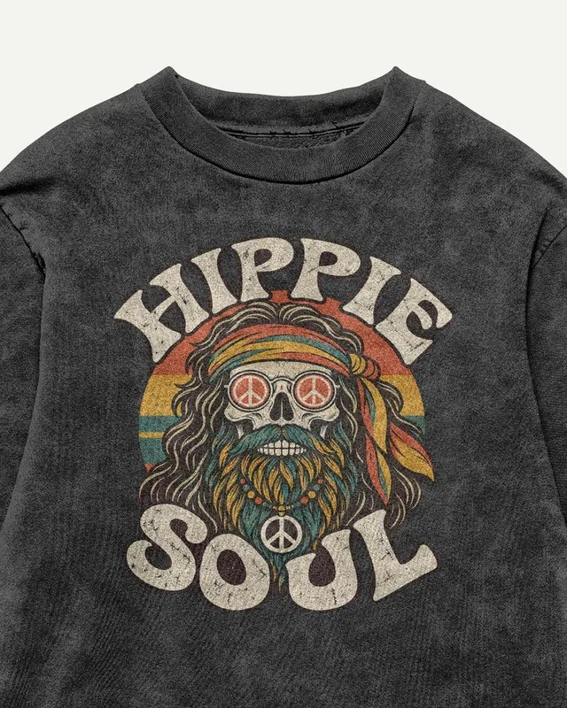 Hippie Soul Acid-Wash Oversized T-Shirt in Black — design detail