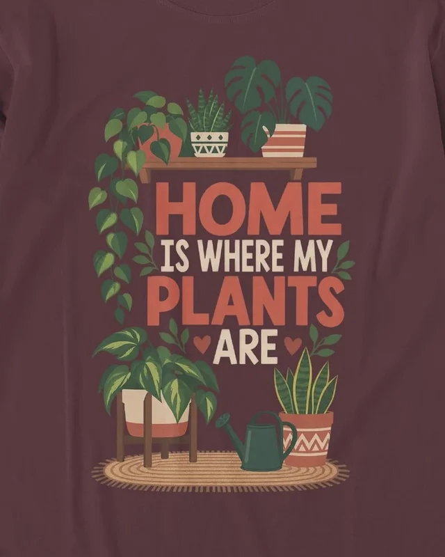 Home Is Where My Plants Are Long-Sleeve T-Shirt in Maroon — design detail