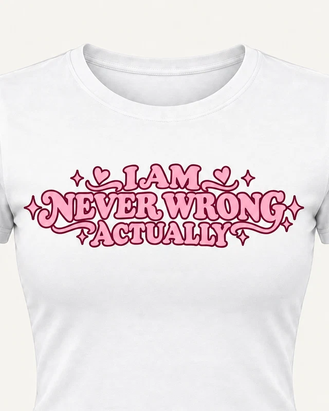 I Am Never Wrong, Actually Graphic Crop Top in White — cropped design detail
