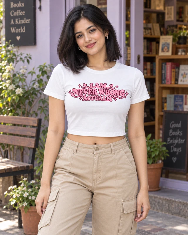 I Am Never Wrong, Actually Graphic Crop Top in White — model view 1