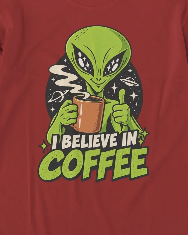 I Believe in Coffee Long-Sleeve T-Shirt in Red — design detail