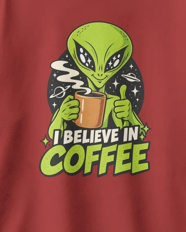I Believe in Coffee Oversized T-Shirt in Red — design detail