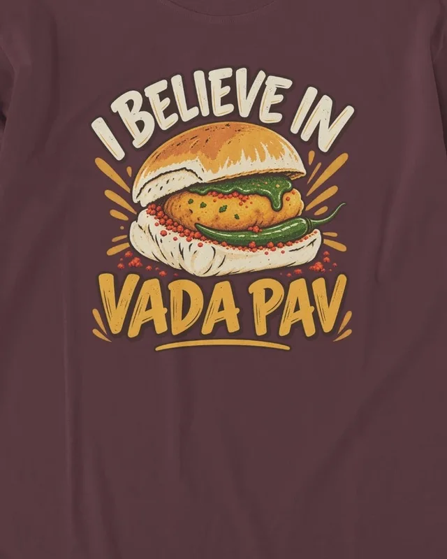 I Believe in Vada Pav Long-Sleeve T-Shirt in Maroon — design detail
