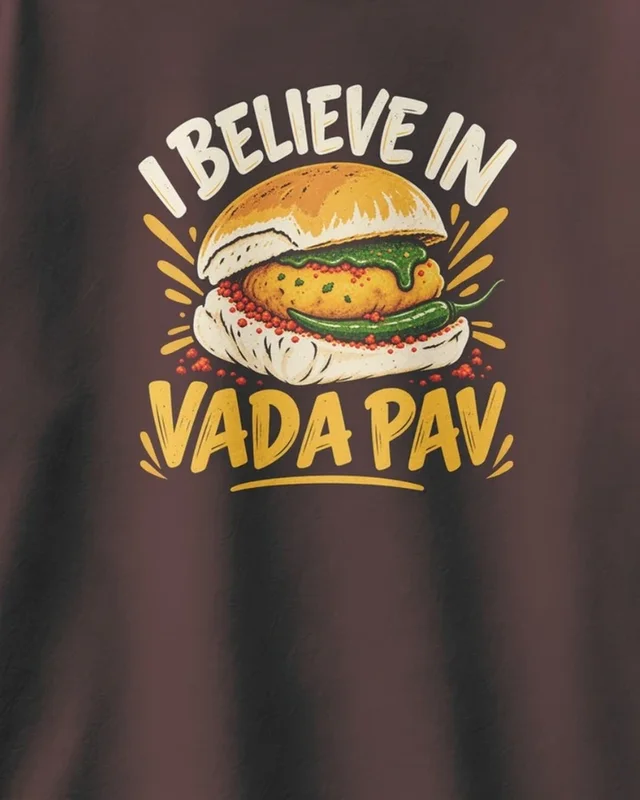 I Believe in Vada Pav Oversized T-Shirt in Maroon — design detail