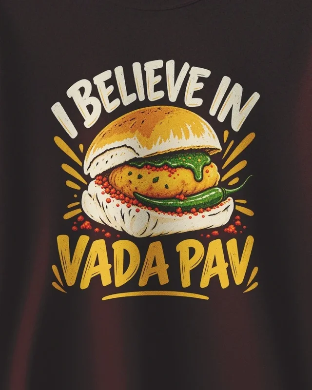 I Believe in Vada Pav Sweatshirt in Maroon — design detail