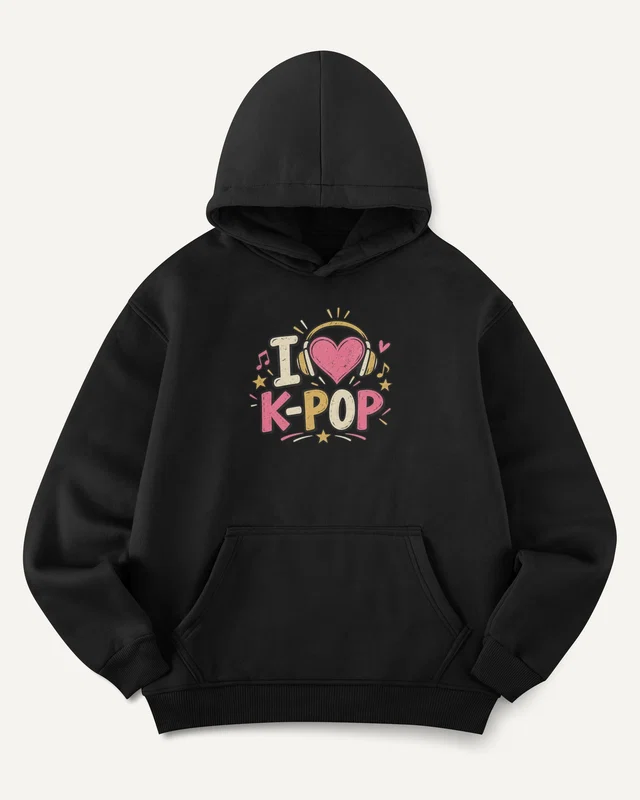 I Love K-Pop Graphic Hoodie in Black — front