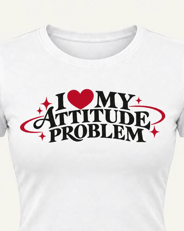 I Love My Attitude Problem Graphic Crop Top in White — cropped design detail