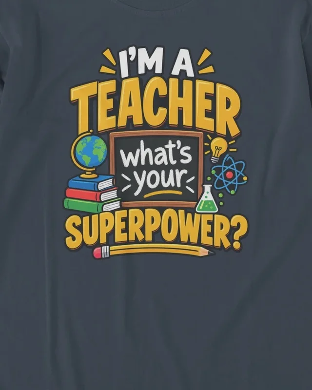 I'm a Teacher What's Your Superpower Long-Sleeve T-Shirt in Navy Blue — design detail