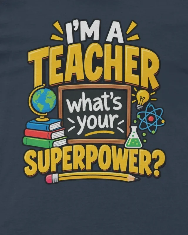 I'm a Teacher What's Your Superpower Regular T-Shirt in Navy Blue — design detail