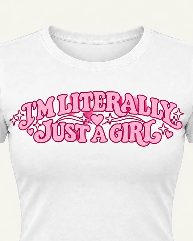 I'm Literally Just a Girl Graphic Crop Top in White — cropped design detail