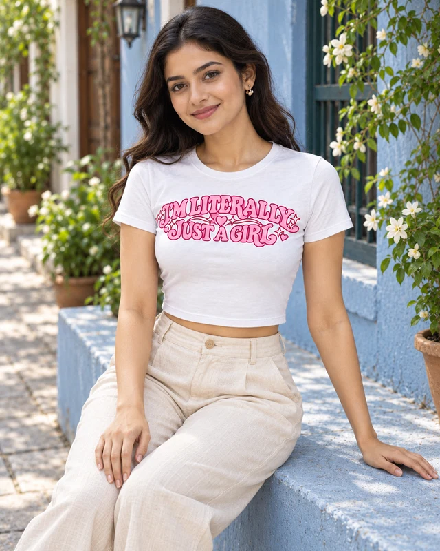 I'm Literally Just a Girl Graphic Crop Top in White — model view 2