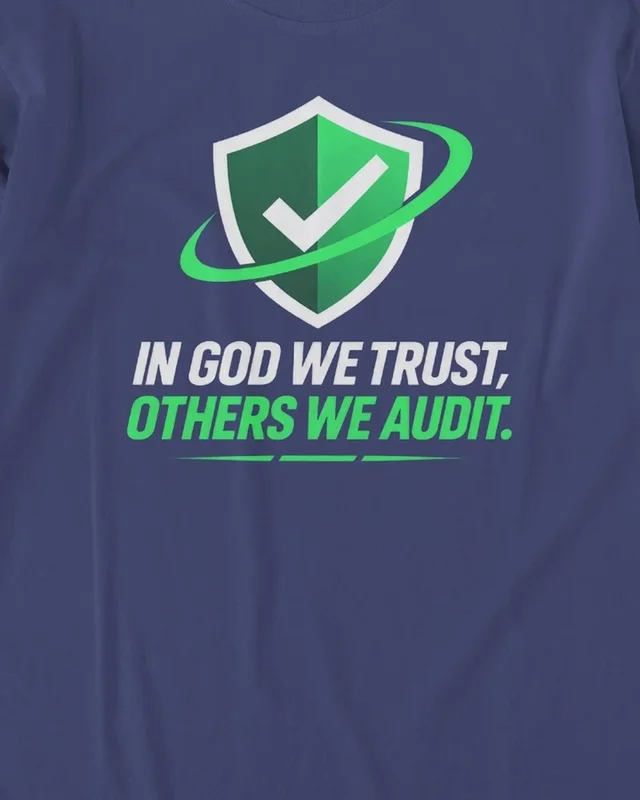 In God We Trust Others We Audit Long-Sleeve T-Shirt in Royal Blue — design detail