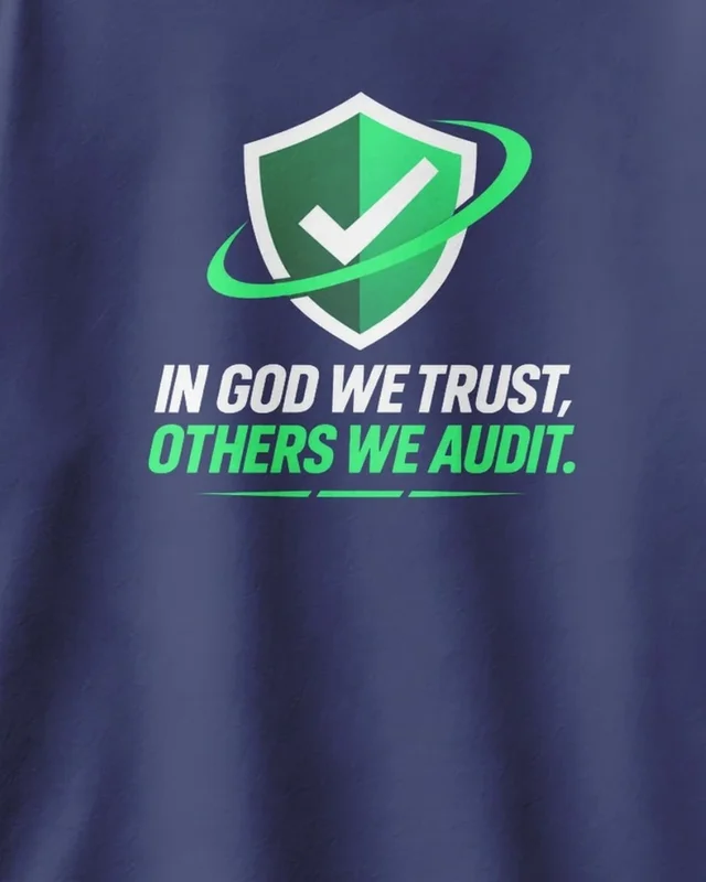 In God We Trust Others We Audit Oversized T-Shirt in Royal Blue — design detail