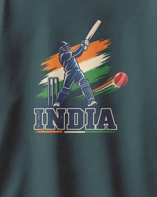 India Cricket Oversized T-Shirt in Petrol Blue — design detail