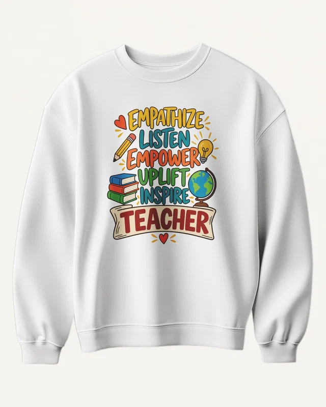 Empathize Listen Empower Uplift Inspire Teacher Sweatshirt in White — front