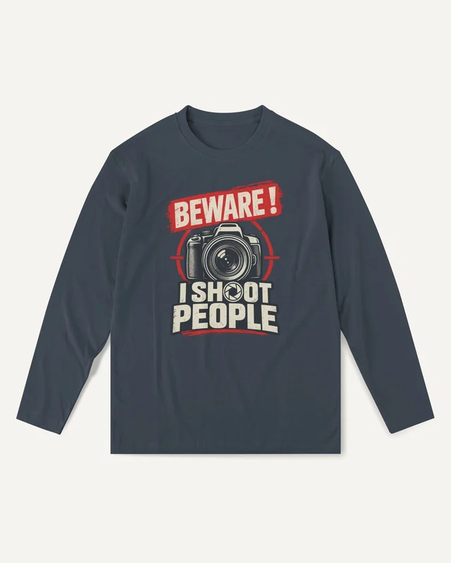 Beware I Shoot People Long-Sleeve T-Shirt in Navy Blue — front