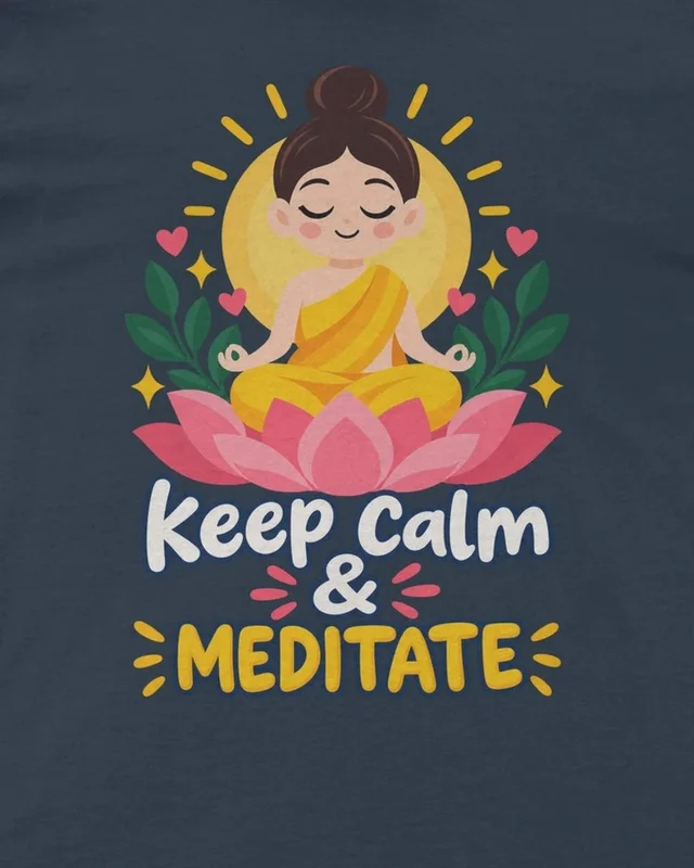 Keep Calm and Meditate Regular T-Shirt in Navy Blue — design detail
