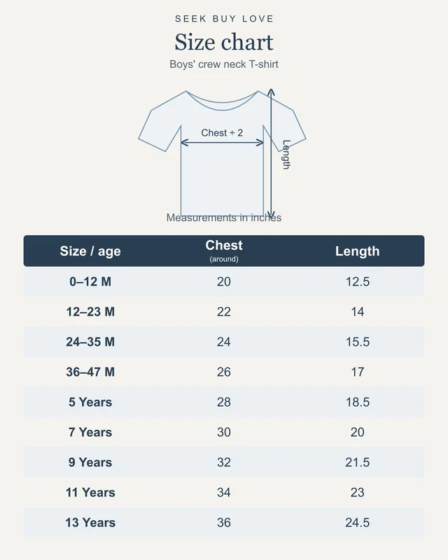 Kids’ T-Shirt size chart in inches