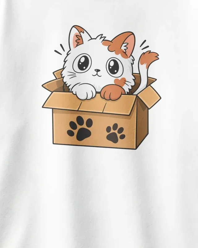 Kitten in a Box Oversized T-Shirt in White — design detail