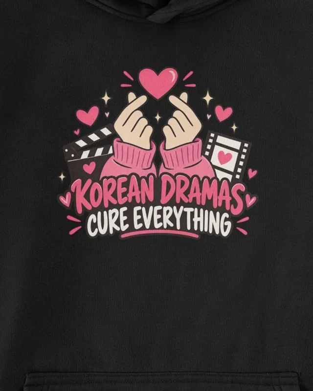 Korean Dramas Cure Everything Graphic Hoodie in Black — cropped design detail