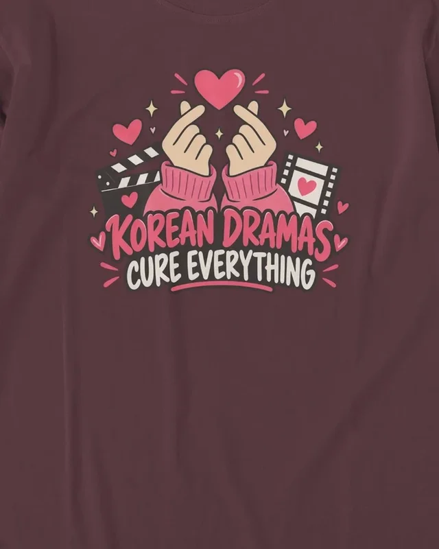 Korean Dramas Cure Everything Long-Sleeve T-Shirt in Maroon — design detail