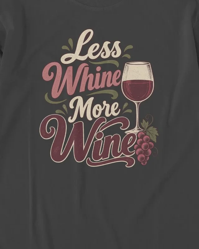Less Whine More Wine Long-Sleeve T-Shirt in Black — design detail