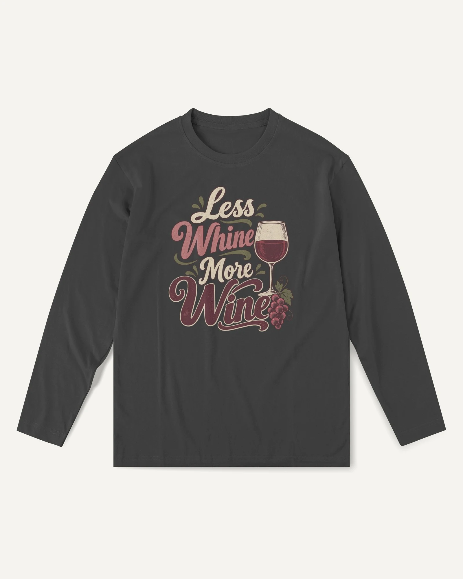 Less Whine More Wine Long-Sleeve T-Shirt in Black — front Less Whine More Wine Long-Sleeve T-Shirt in Black — front