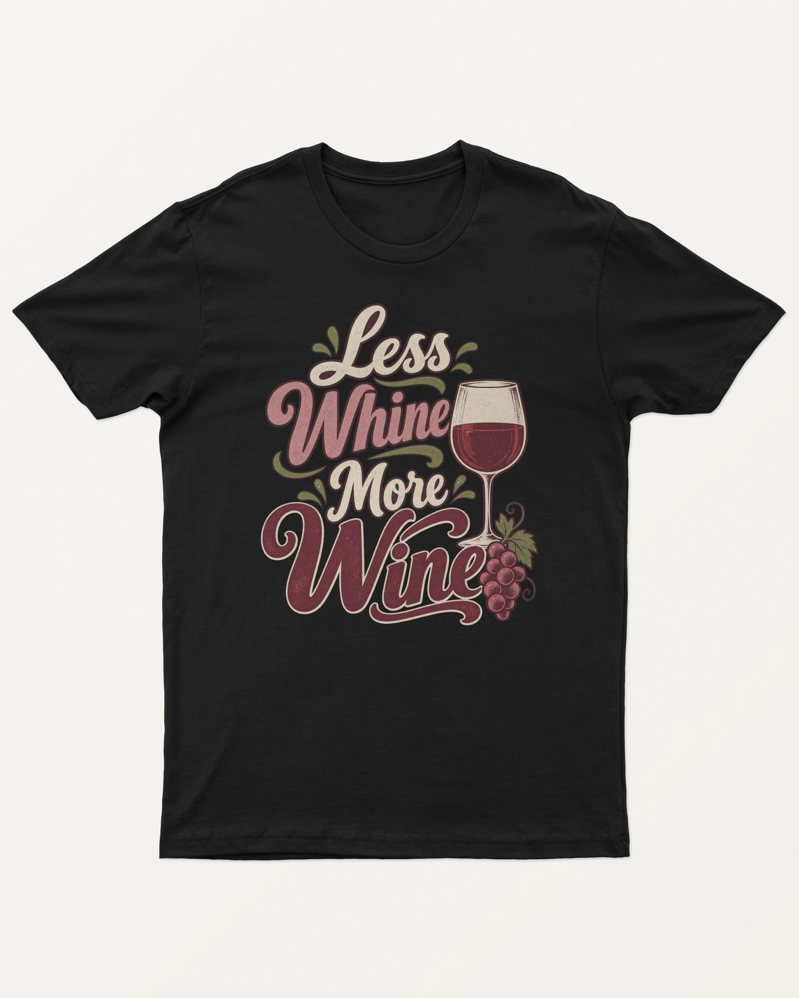 Less Whine More Wine Regular T-Shirt in Black — front Less Whine More Wine Regular T-Shirt in Black — front