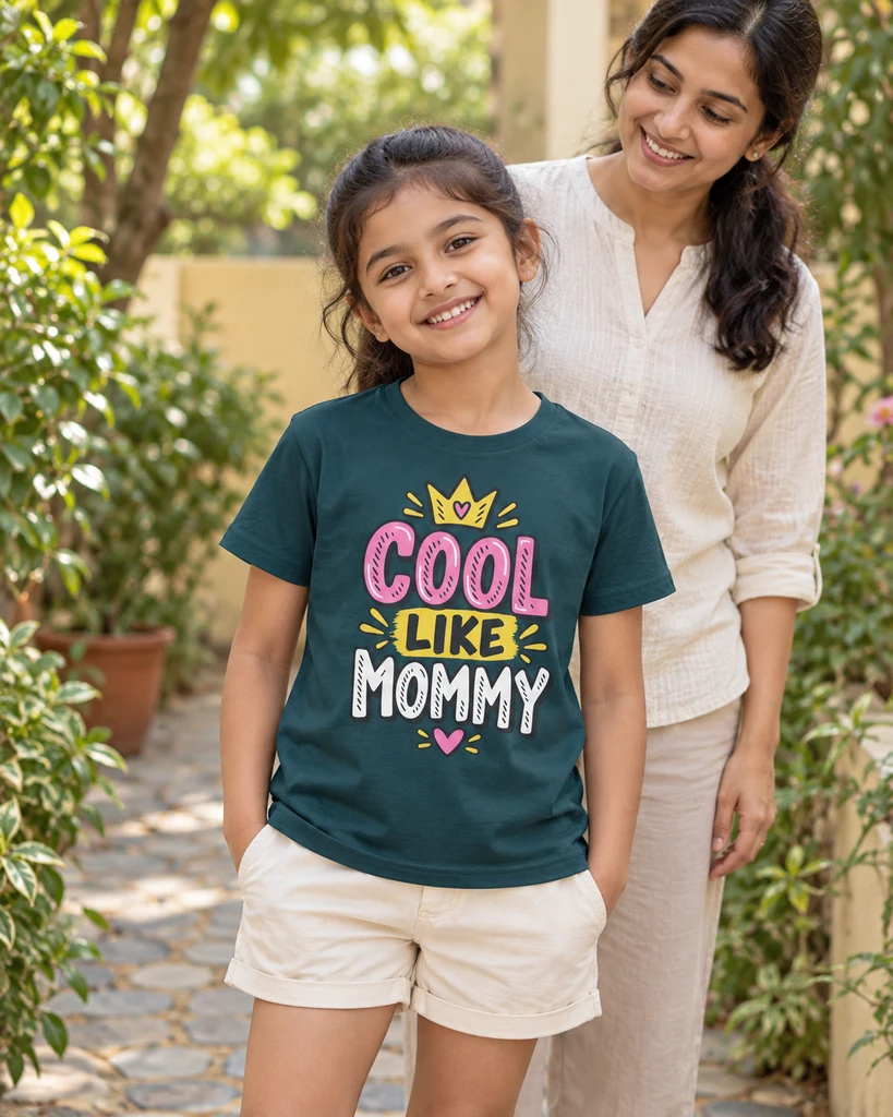 Cool Like Mommy Kids’ T-Shirt in Petrol Blue — lifestyle photo