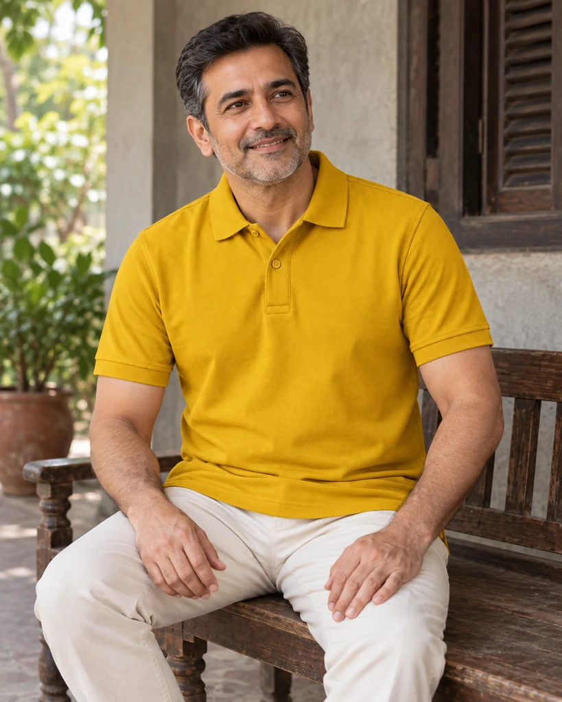 Essential Cotton Polo T-Shirt in Mustard Yellow — lifestyle photo