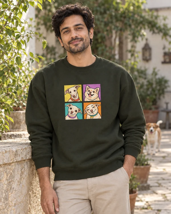 Dog Expressions Sweatshirt in Olive Green — Indian lifestyle photoshoot