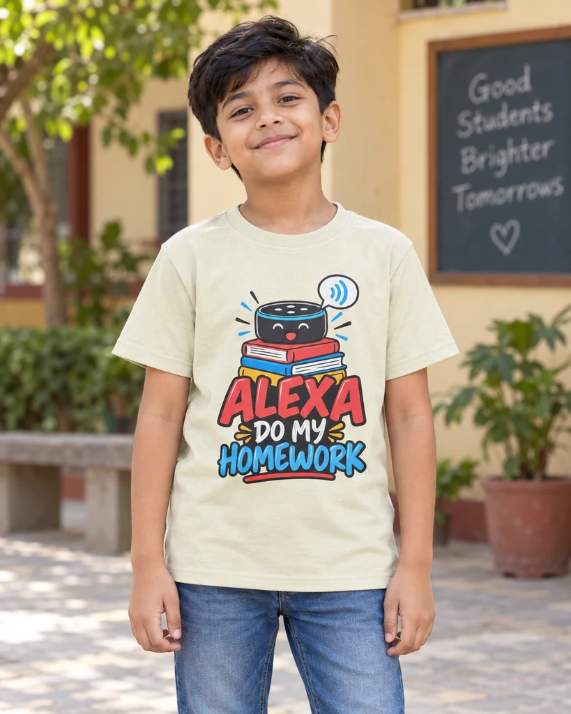 Alexa Do My Homework Kids’ T-Shirt in Beige — Indian lifestyle photoshoot