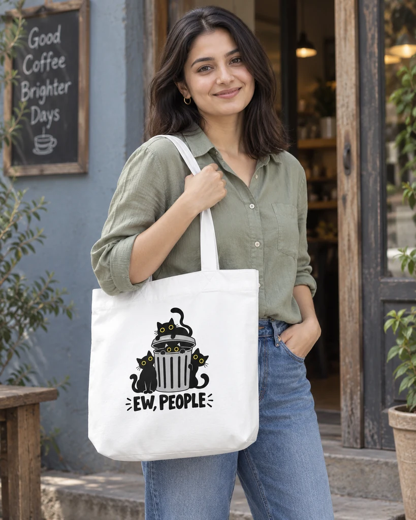 Ew People Cats Zipper Tote Bag in White — lifestyle photo