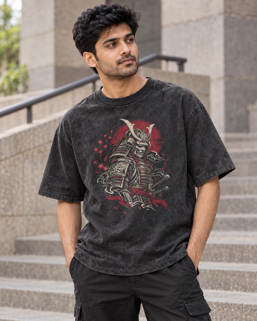 Samurai Warrior Acid-Wash Oversized T-Shirt in Black — lifestyle photo