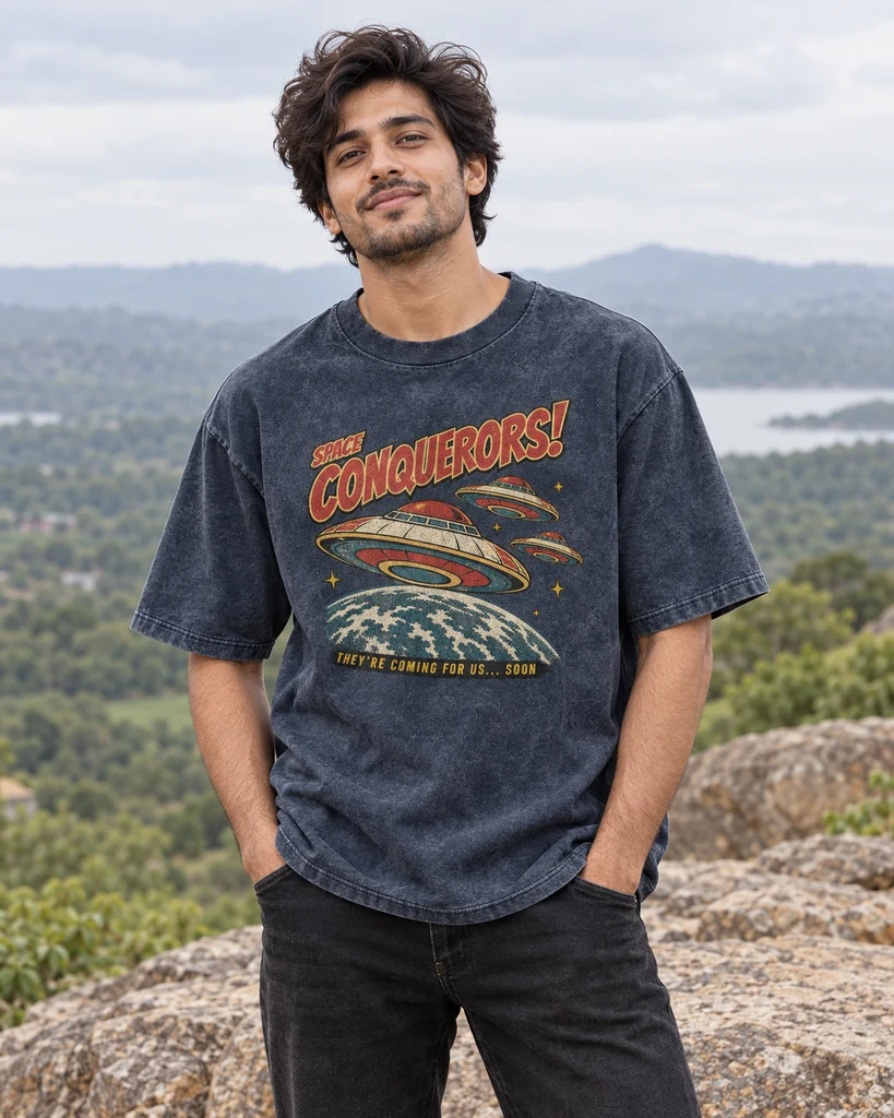 Space Conquerors Acid-Wash Oversized T-Shirt in Navy Blue — lifestyle photo