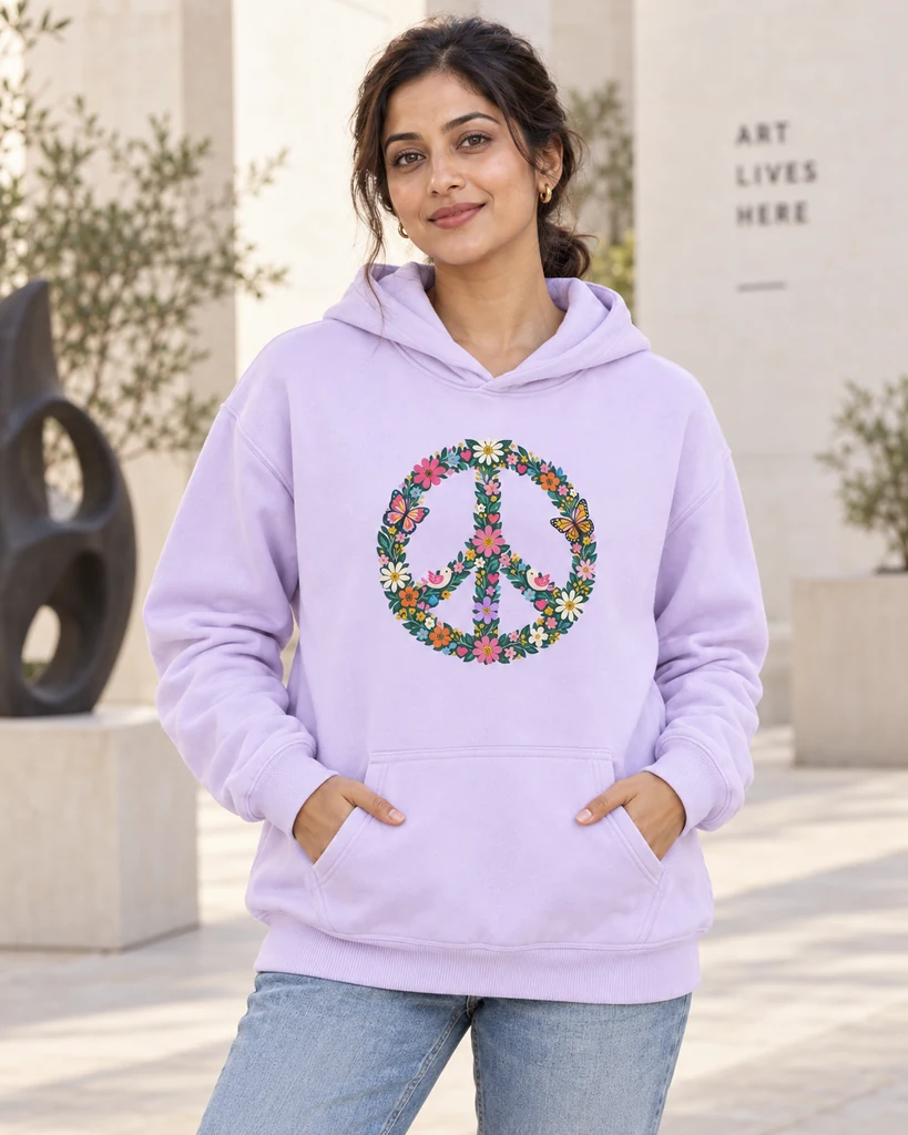 Floral Peace Graphic Hoodie in Lavender — Indian lifestyle photoshoot