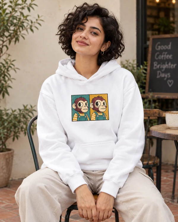 Look-Away Monkey Meme Graphic Hoodie in White — Indian lifestyle photoshoot