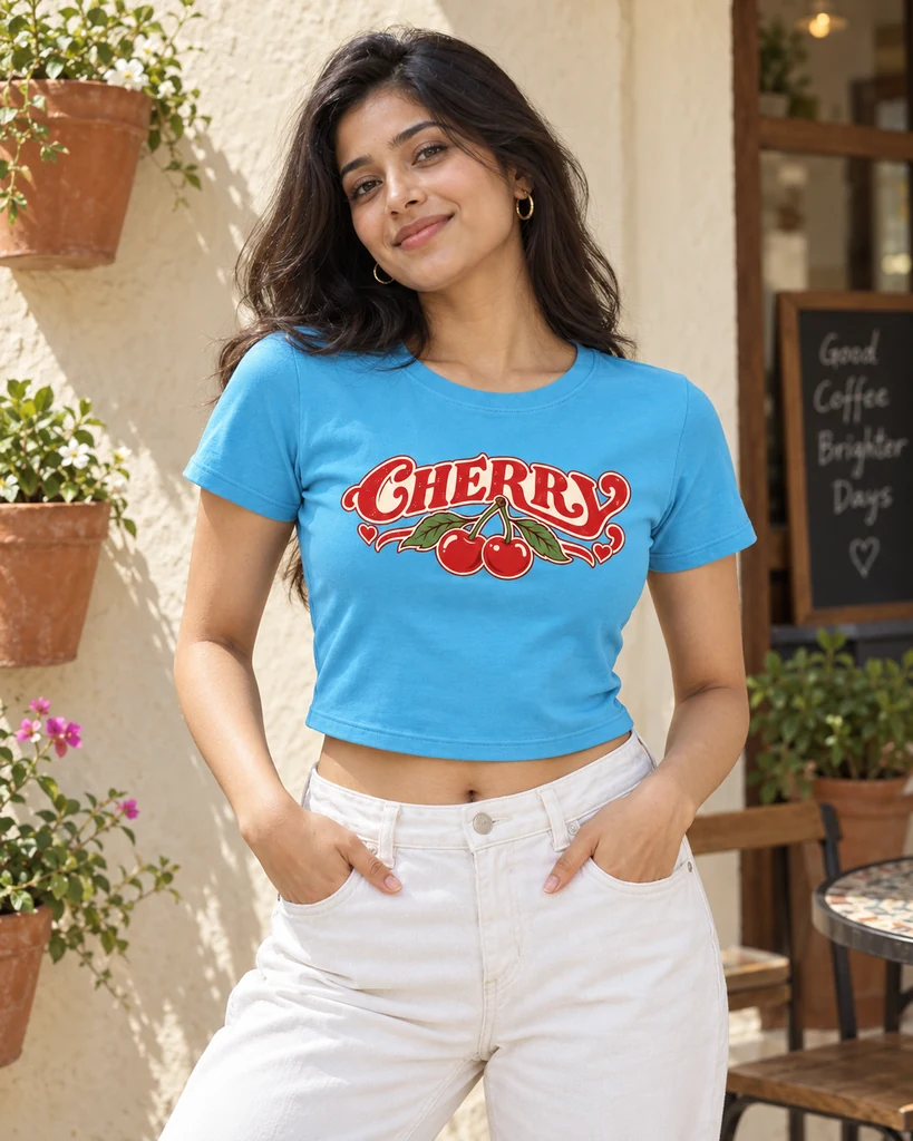 Retro Cherry Graphic Crop Top in Sky Blue — lifestyle photo