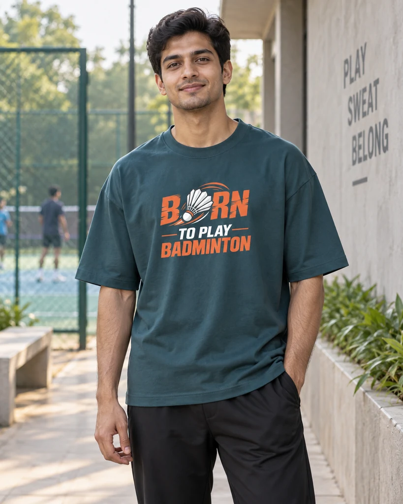 Born to Play Badminton Oversized T-Shirt in Petrol Blue — Indian lifestyle photoshoot