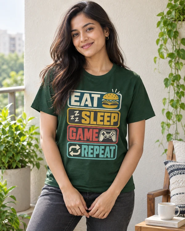 Eat Sleep Game Repeat Regular T-Shirt in Bottle Green — Indian lifestyle photoshoot