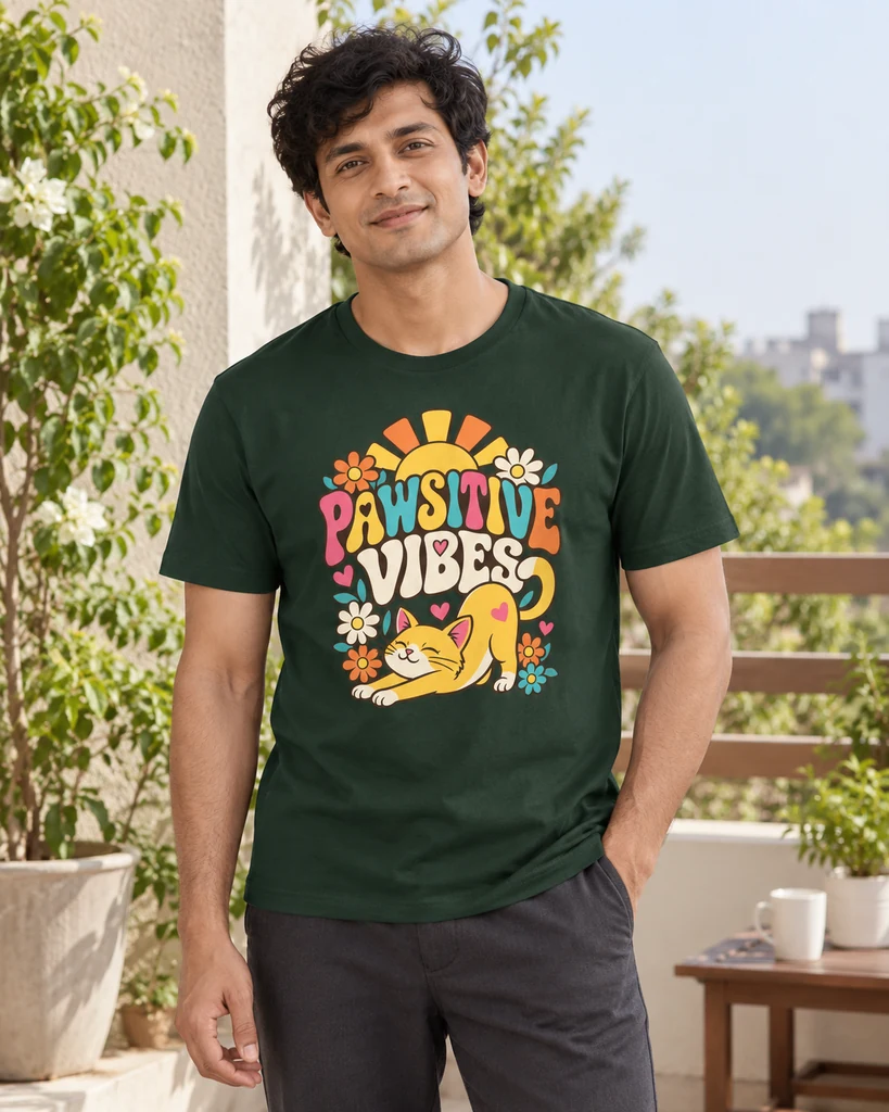 Pawsitive Vibes Regular T-Shirt in Bottle Green — lifestyle photo