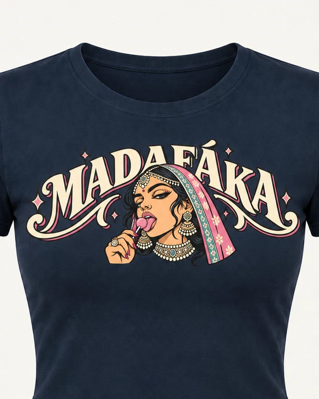 Madáfaka Pop Art Graphic Crop Top in Navy Blue — cropped design detail