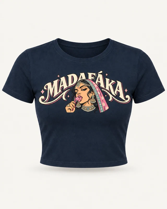 Madáfaka Pop Art Graphic Crop Top in Navy Blue — product front