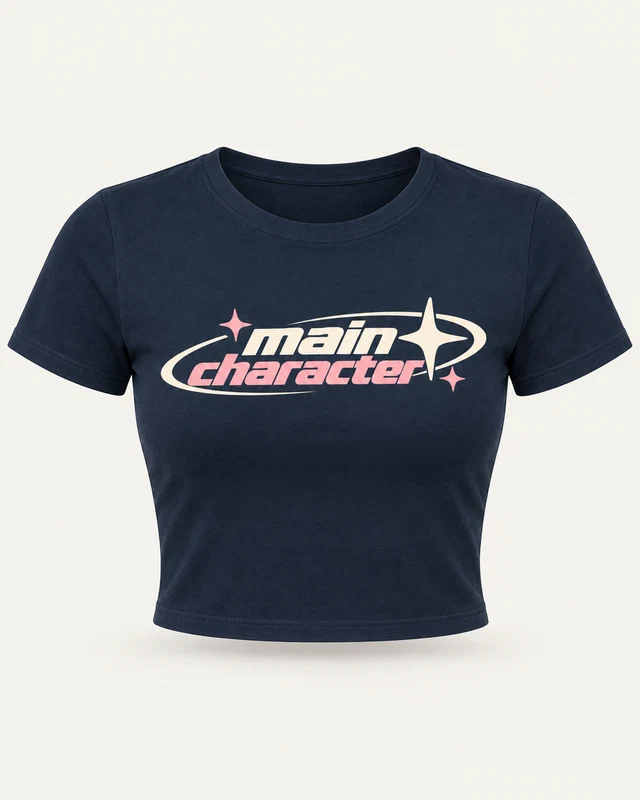 Main Character Graphic Crop Top in Navy Blue — product front