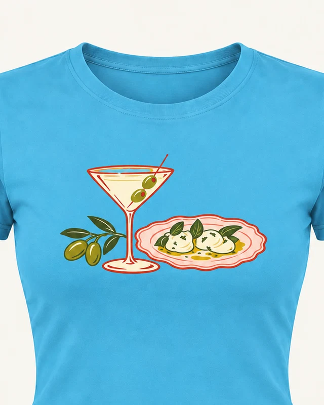 Martini and Olives Graphic Crop Top in Sky Blue — cropped design detail