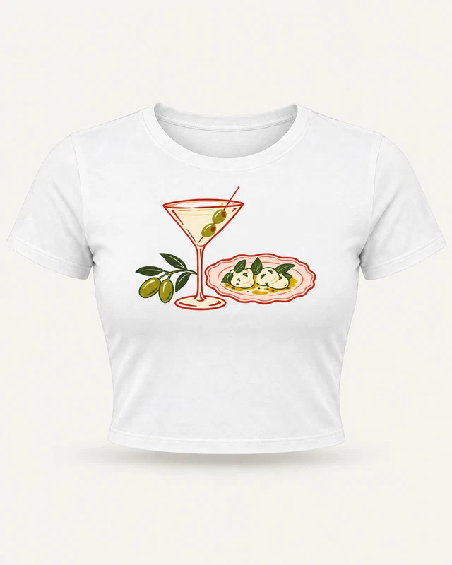 Martini and Olives Graphic Crop Top in White — product front